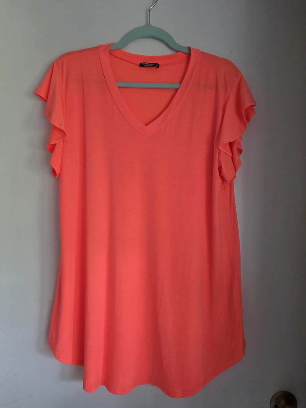 HEIMISH USA Neon Coral V-Neck Flutter Sleeve Tunic 1x